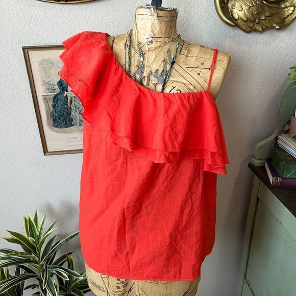 Blu Pepper NWT Plus Red Orange Sleeveless Asymmetrical Ruffle Blouse Sz 2x - Picture 1 of 9